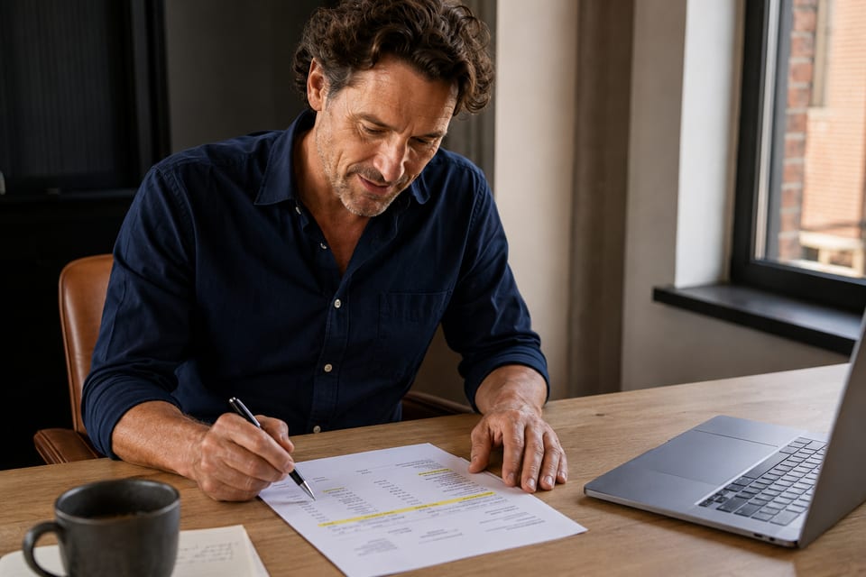 Ondernemer bekijkt aan zijn bureau een uitgeprinte payrollofferte