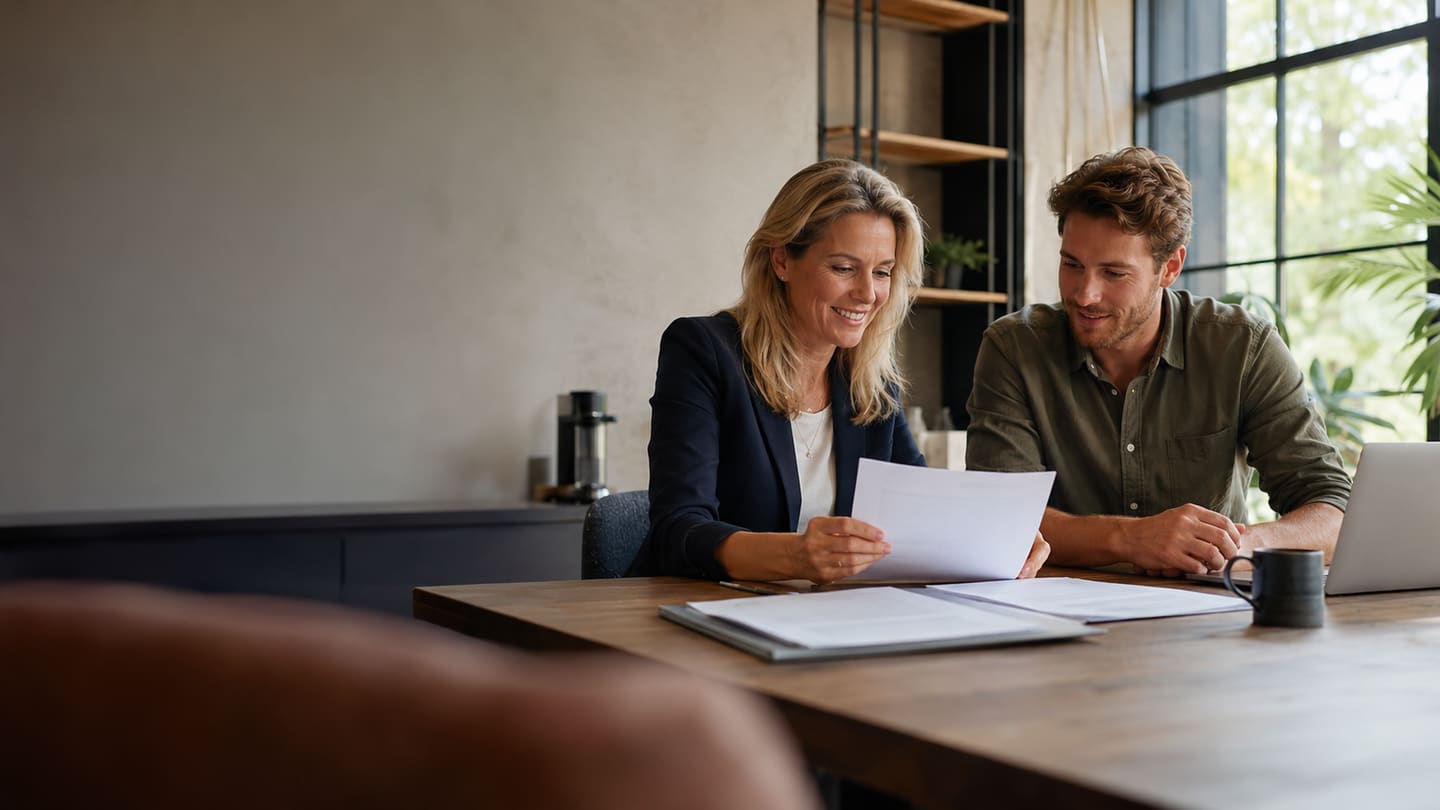 Adviesgesprek: adviseur en MKB-ondernemer bekijken samen een offerte